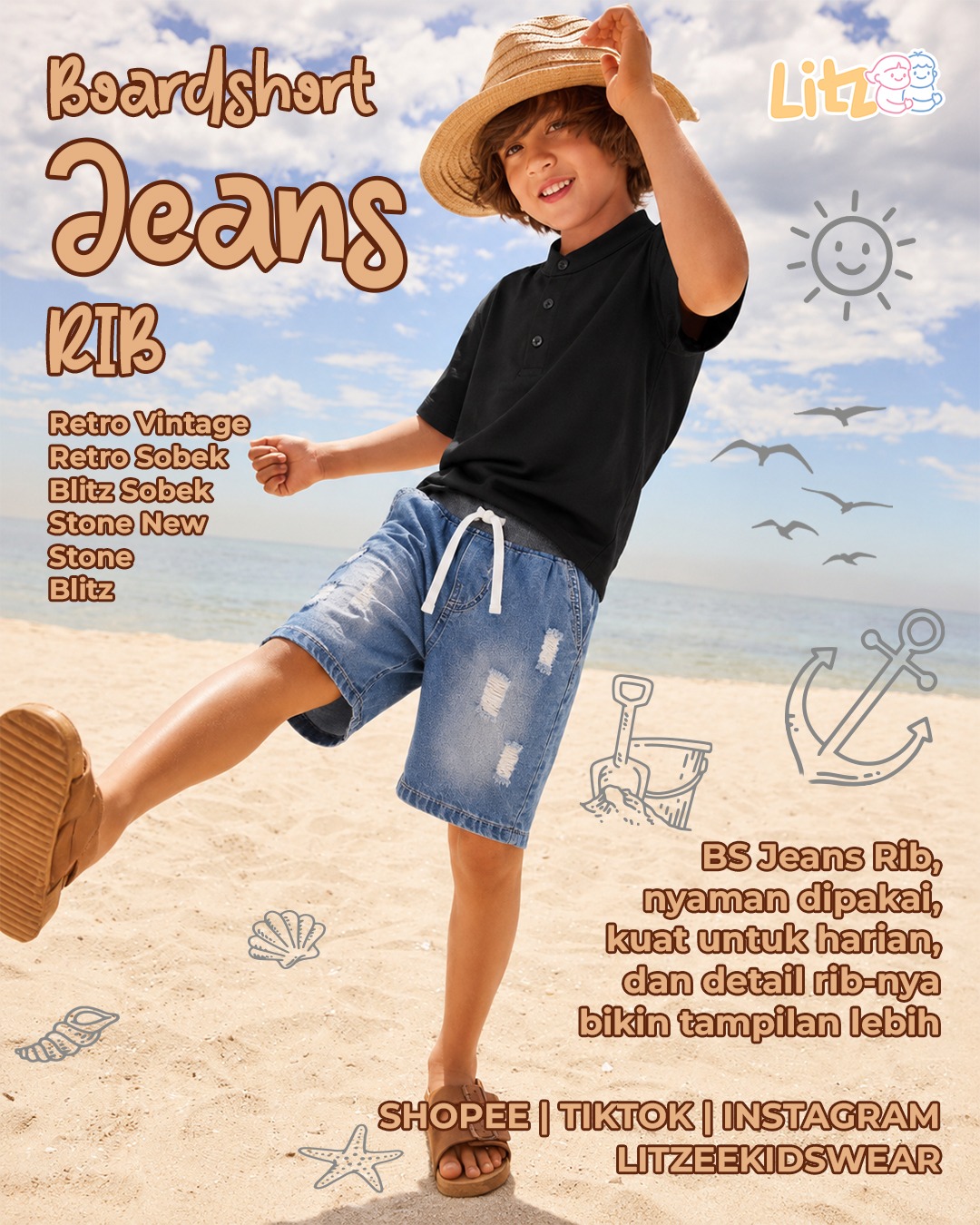 Celana pendek anak Boardshort Jeans Rib Litzee